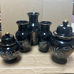 Mini Ceramic Vases Vintage Japanese Dragon 2 W/lids Set of 5 - Picture 1 of 7