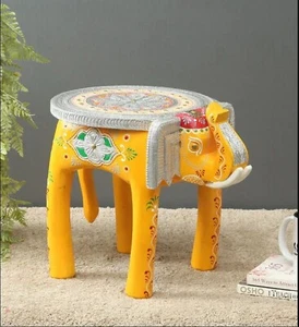 Indian Hand Painted Yellow Elephant Shape Stool Wooden Stool Room Side Stool - Picture 1 of 3