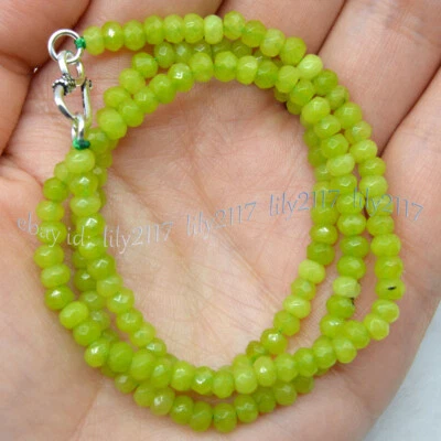 2x4mm Natural Light Peridot Faceted Gemstone Roundel Beads Necklace Silver Clasp - Image 1 of 4