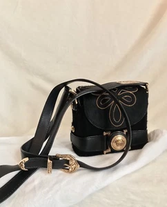 GIANNI VERSACE Black Leather and Pony Fur Crossbody Handbag, GOLD MEDUSA - Picture 1 of 12