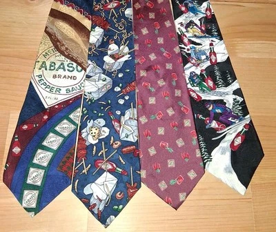 NOVELTY Silk Poly NeckTie LOT Tabasco Chinese food hot sauce skiing red pepper - Image 1 of 4