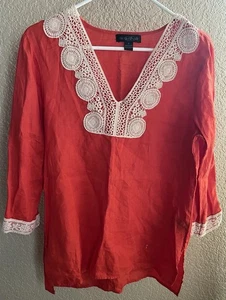 AUGUST SILK arancione scollo a V uncinetto tunica camicia donna taglia small - Foto 1 di 4