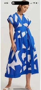 Country Road sapphire geo blue print organic linen wrap midi dress size 14 NEW - Picture 1 of 5