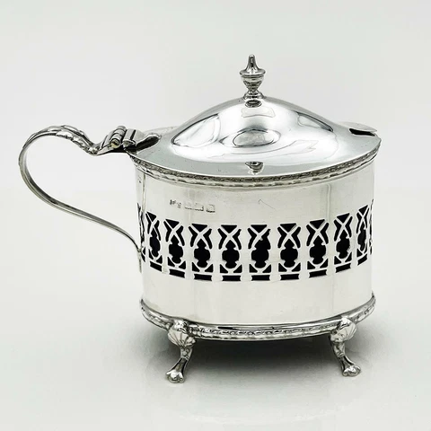 MUSTARD POT STERLING SILVER PIERCED GEORGE V Birmingham 1914 Jones & Crompton Cover