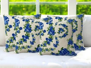 Blue Green Rose Shabby Chic Floral Cushion Covers 16x16" 40X40cm - Set of 4 - Picture 1 of 13