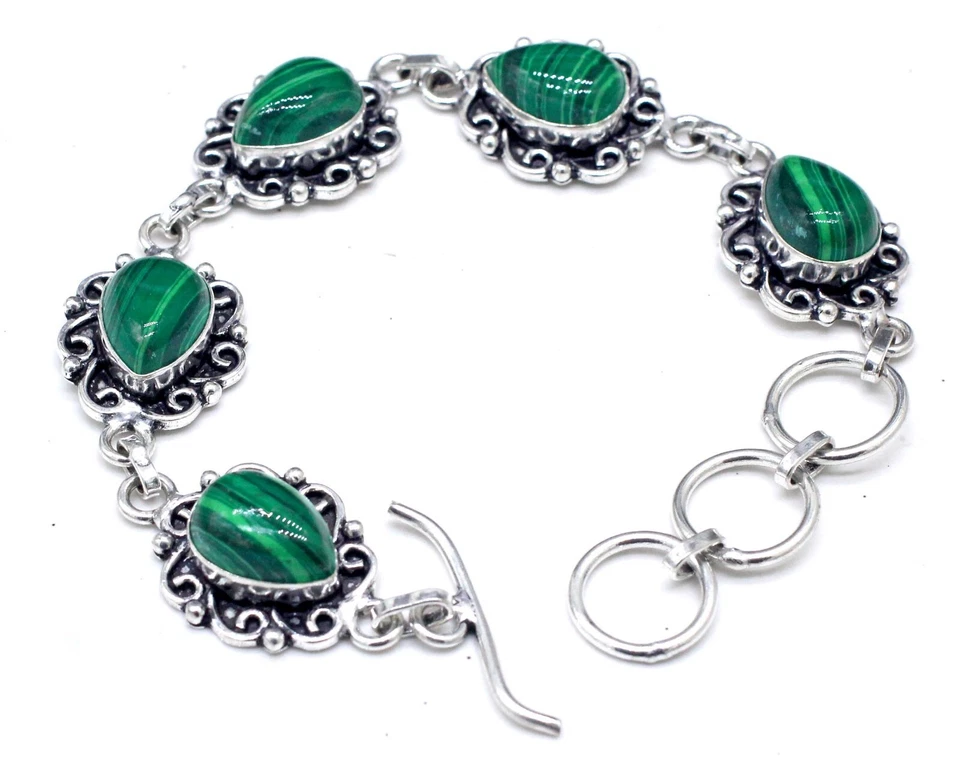 Pulsera de plata de ley 925 con piedras preciosas de malaquita hecha a mano para joyería tamaño-7-8" Foto 1 de 4