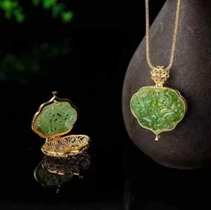 Grüne Jade Blume Anhänger Natur Halskette Edelstein 925 Silber Chalzedon - Bild 1 von 4