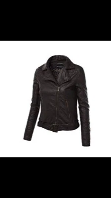 Jaqueta de motociclista MBJ feminina gola simulada com zíper manga longa enrugada - Imagem 1 de 2