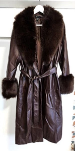 Leder Mantel Trenchcoat mit Fellbesatz - Faux Fur Leather Coat Gr. UK 14 EU 42 - Bild 1 von 9
