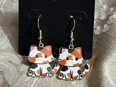 Cartoon Cat Whimsical Fun Gold Loop Enamel Drop Dangle Adorable Earring Set - Image 1 of 2