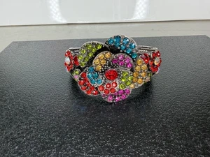 Rhinestone Hinge Cuff Bracelet Jewelry Flower Bold Statement Boho Hippie Floral - Picture 1 of 5