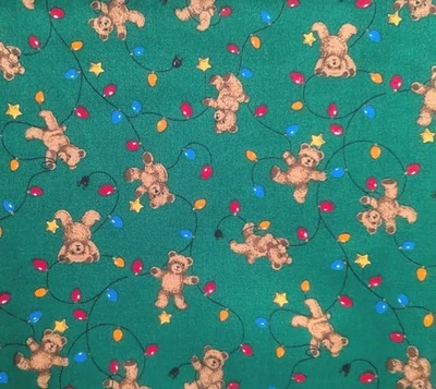 Vtg Christmas Teddy Bear Fabric VIP Cranston Print GREEN Bulbs Lights  3 yd 45" - Image 1 of 3