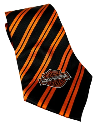 Corbata Harley-Davidson Para Hombre Negra Naranja Bordada Logo Rayas Diagonales Seda Foto 1 de 4