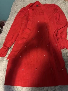 Shein Women Modelyn Red Pearl Beaded Long Sleeve Dress Size Small Bow Neck - Picture 1 of 2