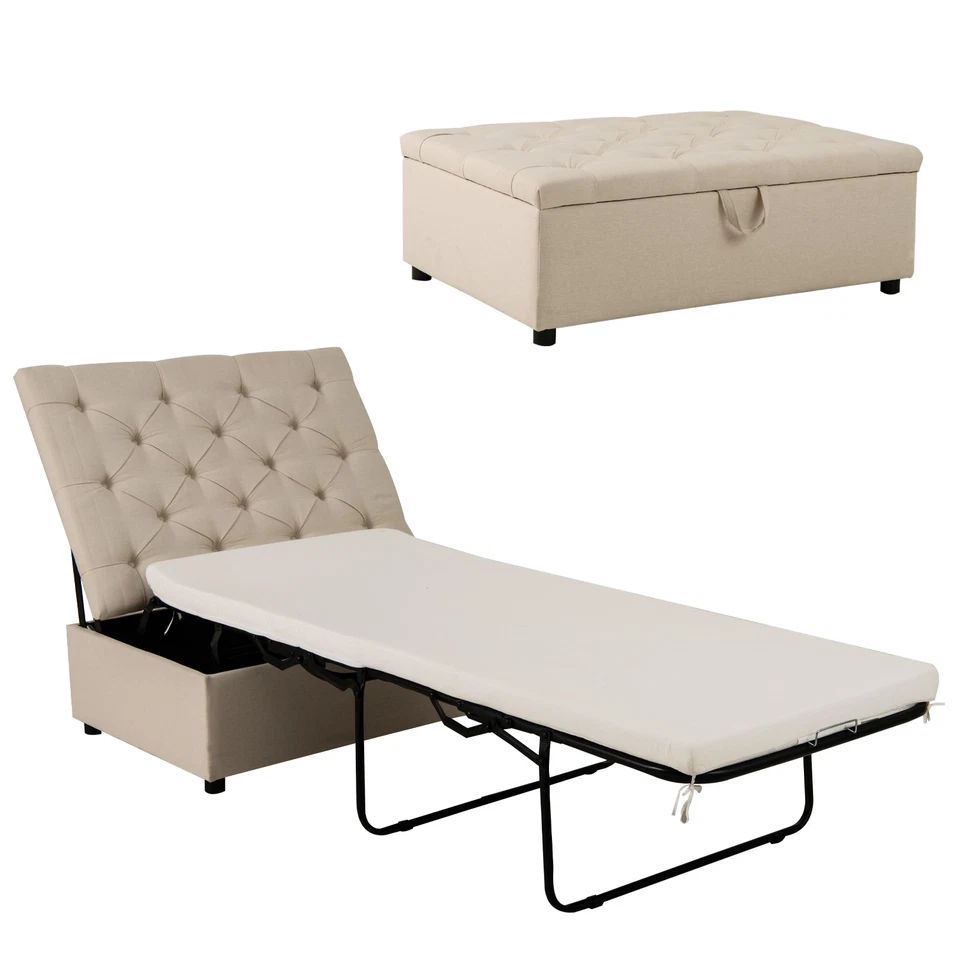 COSTWAY 2-In-1 Folding Ottoman Sleeper w/ Mattress Convertible Guest Bed Beige