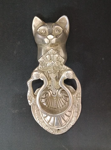 Kitty Cat Silver Colored Door Knocker Brass Yali and Peacock Engraved Bell AJ055 Cover