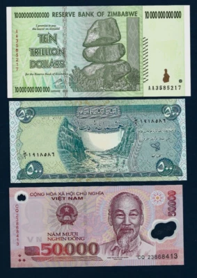 UNC 10 Trillion Dollars Zimbabwe 2008, 50000 Vietnam Dong, 500 Iraq Dinars 2018 - Image 1 of 4