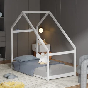 House Bed Style Solid Pine Single Bed Frame Bedframe Toddler Floor Low Bed - Picture 1 of 8