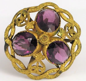 ANTIQUE FINE TRIPLE AMETHYST GOLD FILLED COSTUME BROOCH VICTORIAN STYLE ! - Picture 1 of 2