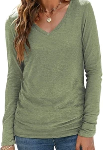 Sherosa Womens Medium T Shirts V Neck Long Sleeve Casual Top Soft Solid Basic - Picture 1 of 7