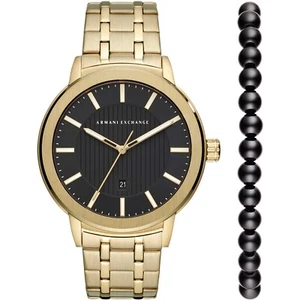 Armani Exchange Black Dial Gold Mens Watch & Bracelet Boxed Gift Set AX7108 - Picture 1 of 2