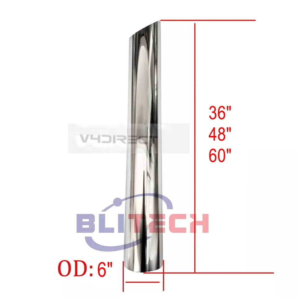 Tubo de escape para camión semi camión 6 en 6" OD x 36" 48" 60" en cromo corte inglete Foto 1 de 1