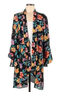 SLINKY BRAND L BLACK HAWAIIAN FLORAL LONG OPEN FRONT CARDIGAN 46"B POLY SPANDEX - Picture 1 of 4
