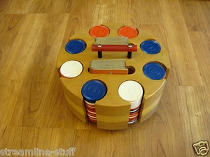 Vintage Wood Wooden Tri Color Revolving Poker Chip Caddy w/Vintage Playing Cards - Picture 1 of 11