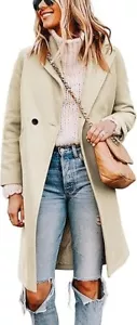 Tanming Women's Notch Lapel Double Breasted Wool Blend Mid Long Pea Coat Sz M - Picture 1 of 5
