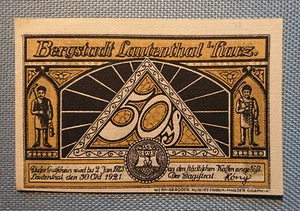 Antiguo dinero de emergencia 50 peniques Bergstadt Lautenthal en resina Waldschlösschen 1921 - Imagen 1 de 2