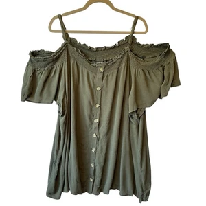 Torrid cold shoulder blouse 5X Olive green NWT Button front Smocked Womens top - Picture 1 of 8