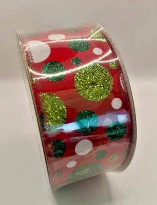 Red White Green glitter Polka Dot Christmas Holiday Ribbon 2.5" wire Deluxe 10YD - Image 1 of 4