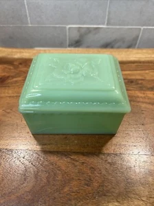 Vintage Fire King Jadeite Green Cigarette Trinket Box with Rose Lid 4”- chip lid - Picture 1 of 12