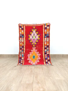 3x4 Vintage Cotton Red Area Rug Moroccan Berber Handmade Geometric Boujaad Rugs - Picture 1 of 8