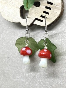 Red White Spot Toadstool Mushroom Earrings Cottage Core Fairy Fantasy Whimsy - Picture 1 of 3