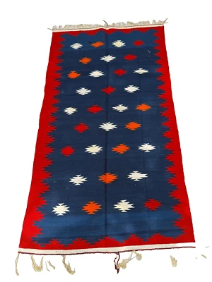 Alfombra de algodón tejida a mano | Vintage | 100% algodón | 3x6 pies | Azul y rojo Foto 1 de 4