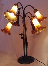 Art Deco Style Glass Amber Tulip Lamp Bird Dragonfly Base Six Light