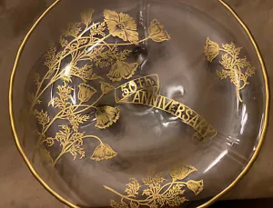 Vintage 50th Anniversary Gift CLEAR GLASS PLATE Gold Flowers & Trim FOOTED - Picture 1 of 2