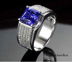 2CT Princess Cut Lab Created Blue Sapphire Men's Ring 14K White Gold Finish - Picture 1 of 6