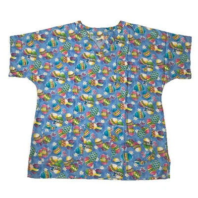 Handmade Scrub Top Size Medium (Estimated) Glittery Easter Egg Butterfly Print - Image 1 of 4