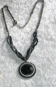 Black Medalion with Black & Blue Beads on Antiqued Goldtone Bronze Chain  - Picture 1 of 4