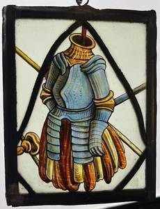 Antique Renaissance German Soldier Armor Stained Glass Window Panel 19th Century - Picture 1 of 4