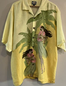 TOMMY BAHAMA Linen Shirt Yellow ON YELLOW Hula Girl XL - Picture 1 of 5