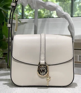 MICHAEL KORS LYRA SMALL FLAP CROSSBODY MK KEY LOCK BAG PURSE CREAM LEATHER GOLD - Picture 1 of 12