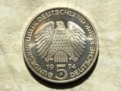 1974 F GERMANY  Silver 5 Mark GERMAN TONED  GOLD & 1/4 Pound Worldwide Coin Lot - Image 1 of 3