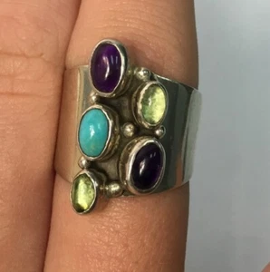 Vintage Hand Made Cigar Band Sterling, Turquoise, Amethyst, Peridot Ring Size 7 - Picture 1 of 5