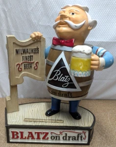 Vtg Blatz Beer on Draft Barrel Man Statue with Mug Cast Metal Sign 15 3/4"H - Picture 1 of 9