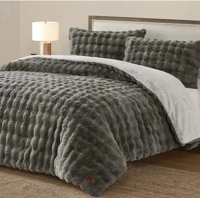 FRYE QUEEN Luxury Bubble Faux Fur Comforter 3 Piece QueenSet, Gray  - Reversible - Image 1 of 4