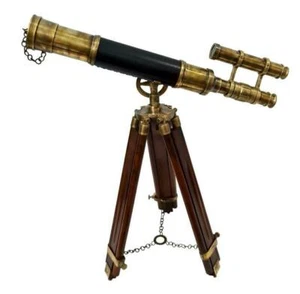 Telescopio Antiguo de Cuero de Latón de 18" con Soporte Ajustable de Madera Regalo de Navidad - Imagen 1 de 4