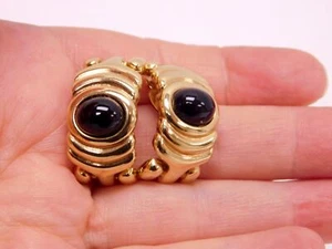 Vintage Givenchy Gold Tone & Black Stone Clip On Earrings Curved - Picture 1 of 9